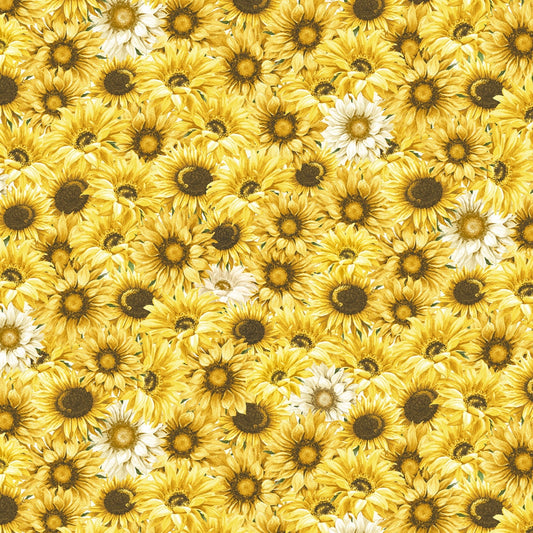 Timeless Treasures Fabric FQ (approximately 18" x 22") Packed Sunflowers and Daisies Cotton Quilting Fabric, Honey Bee Farm
