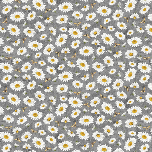 Timeless Treasures Fabric FQ (approximately 18" x 22") Tossed Bee and Daisy Florals Cotton Quilting Fabric (Slate), Honey Bee Farm