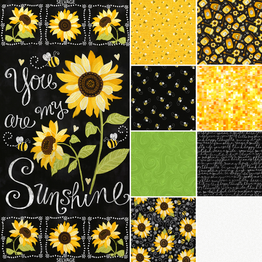 Timeless Treasures Fabric You are my Sunshine Fabric bundle with Sunflower Cotton Panel Fabric and 8 Print Bundle FQ, 1/2 yard or 1 yard
