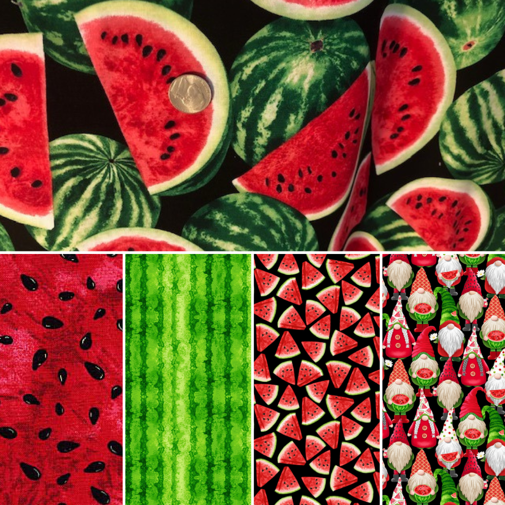 Villa Rosa Designs Quilt Patterns Watermelon on Black with Gnomes Backing Slice of Summer Watermelon Table Runner KIT approximate finished size 16" x 52"
