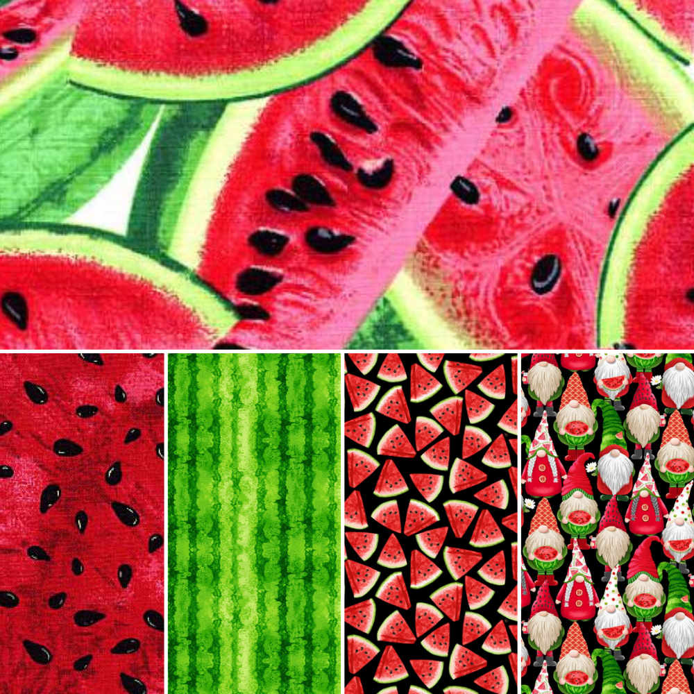 Villa Rosa Designs Quilt Patterns Watermelon on White with Gnomes Backing Slice of Summer Watermelon Table Runner KIT approximate finished size 16" x 52"