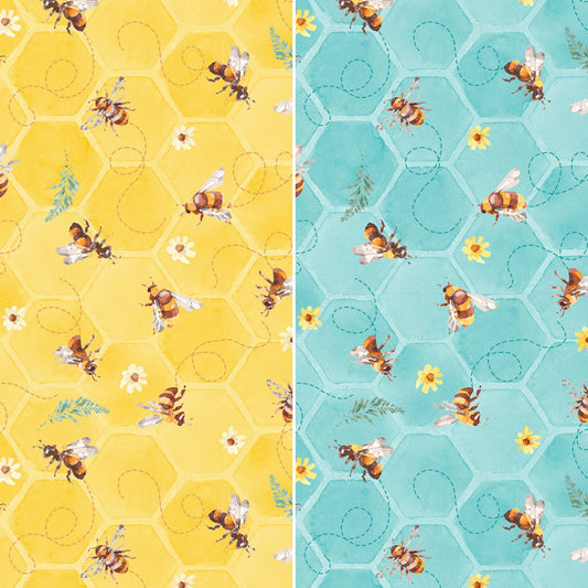 Wilmington Prints Bees on Blue Honeycomb or Bees on Yellow Honeycomb Fabric by the Yard from Wilmington Prints Sunflower Sweet by Lisa Audit