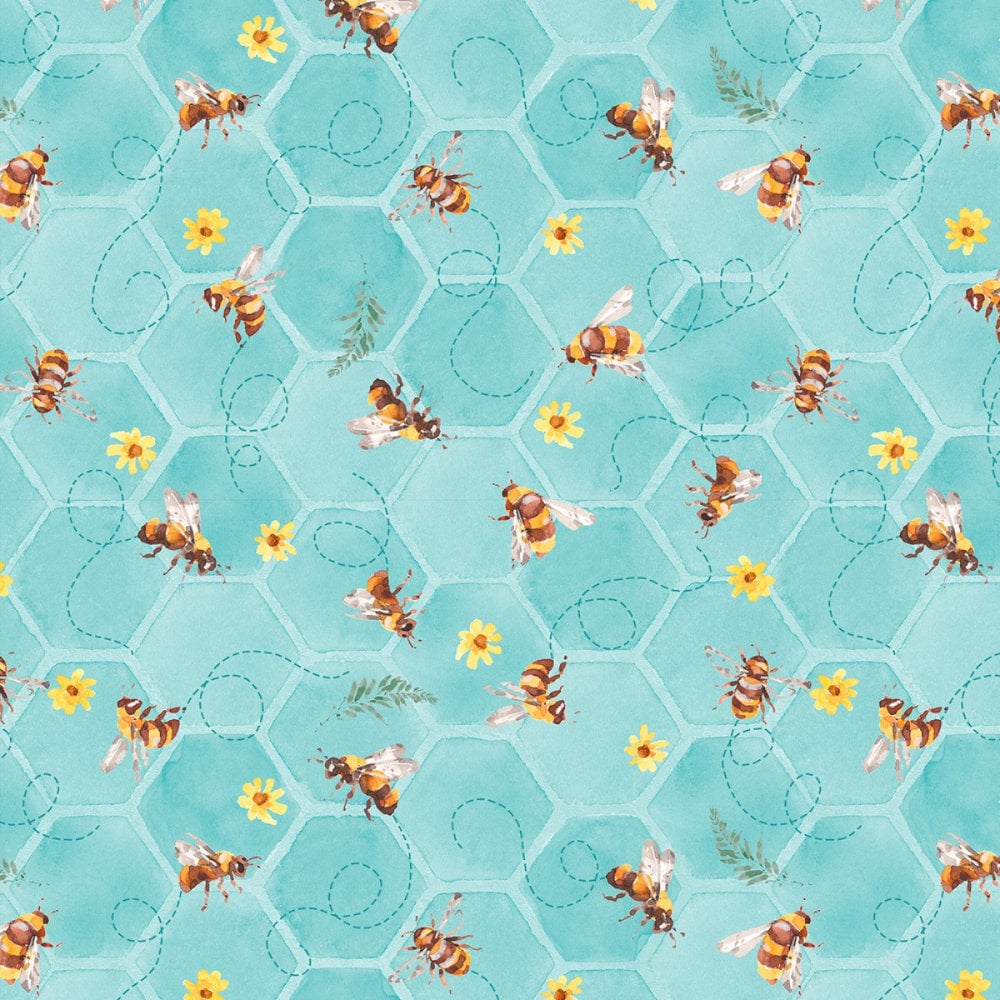 Wilmington Prints Blue / FQ (18"x21") Bees on Blue Honeycomb or Bees on Yellow Honeycomb Fabric by the Yard from Wilmington Prints Sunflower Sweet by Lisa Audit