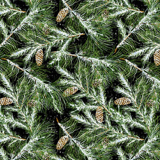 Wilmington Prints FLANNEL Fabric, Snow Bird Collection by Henry Glass Pine Trees with pine cones fabric, Christmas Fabric,  winter fabric