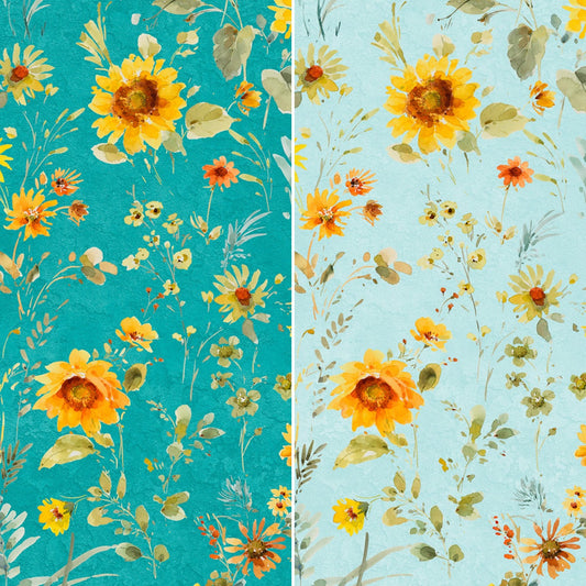 Wilmington Prints Floral Sunflowers on teal or light teal, Fabric by the Yard from Wilmington Prints Sunflower Sweet by Lisa Audit