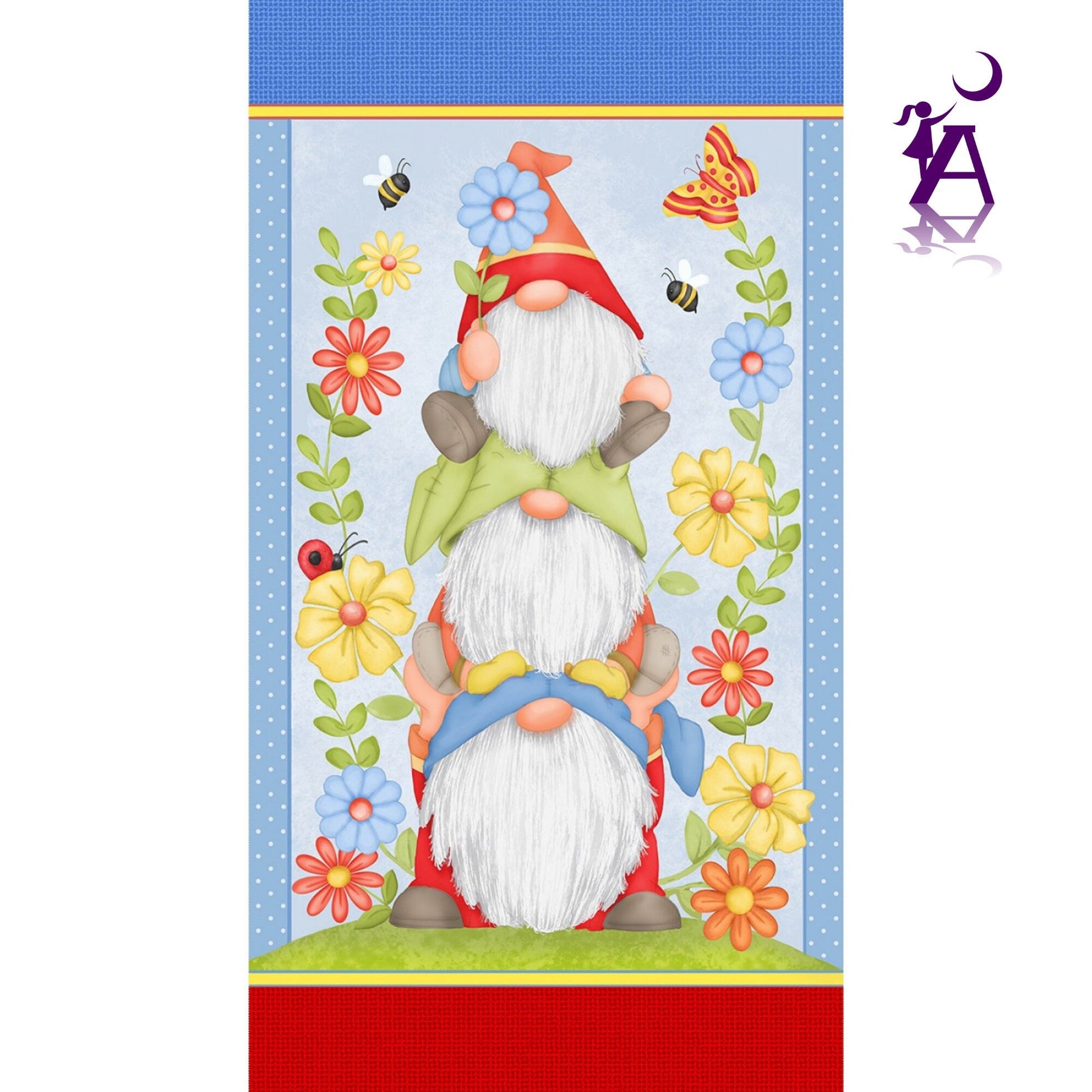 Wilmington Prints Gnome Panel Gnome is Where Your Garden Grows, Peeking Gnomes on Red by the yard, Garden Gnome Cotton, Henry Glass, Gnome Cotton Fabric by the yard