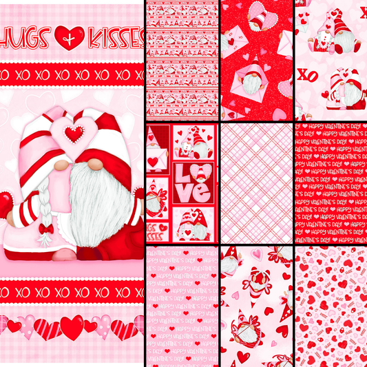 Wilmington Prints Gnomie Love Henry Glass Fabric bundle, Gnome Fabric Panel and 9 fabrics, Gnome Valentine's Day Fabric