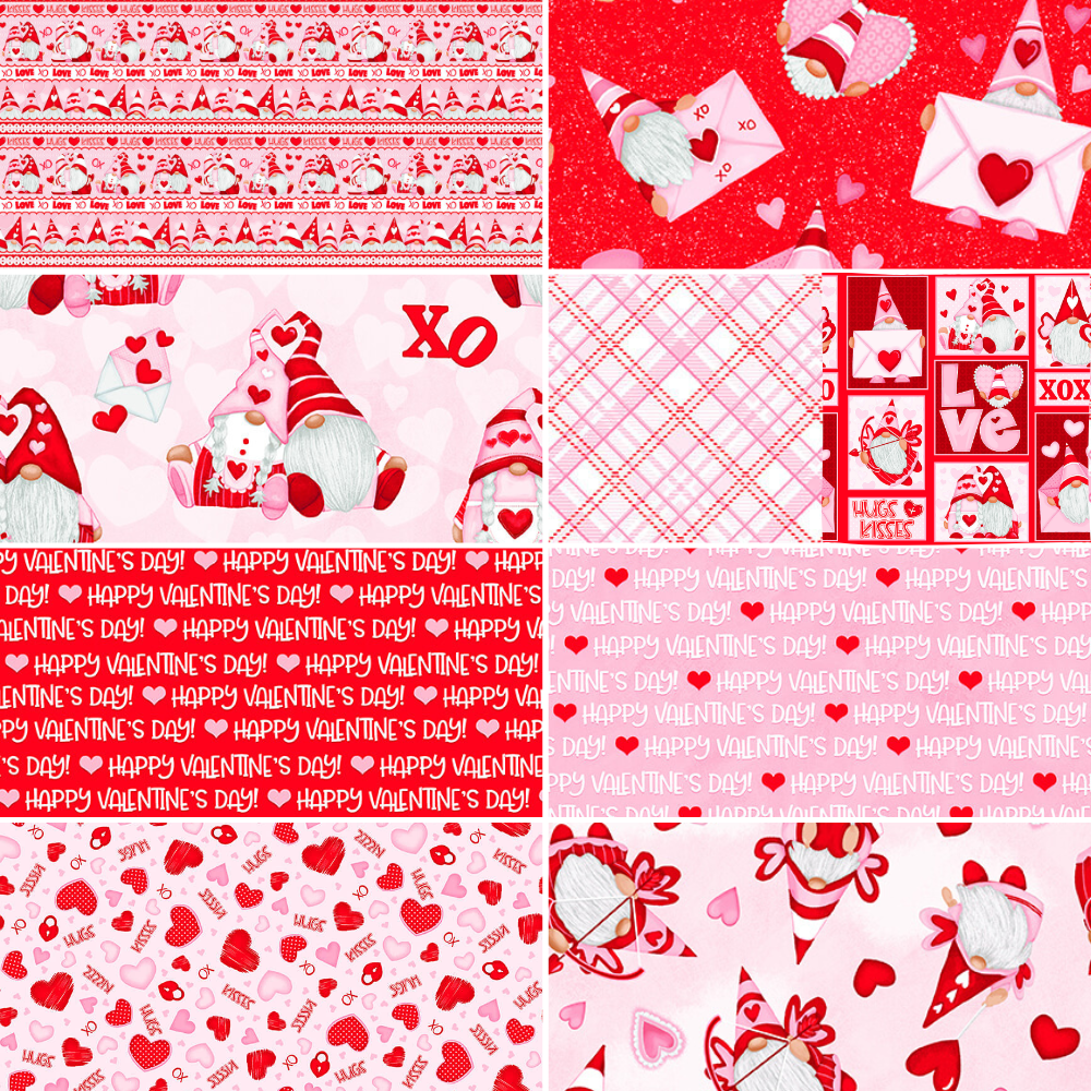 Wilmington Prints Gnomie Love Henry Glass Fabric bundle, Gnome Fabric Panel and 9 fabrics, Gnome Valentine's Day Fabric