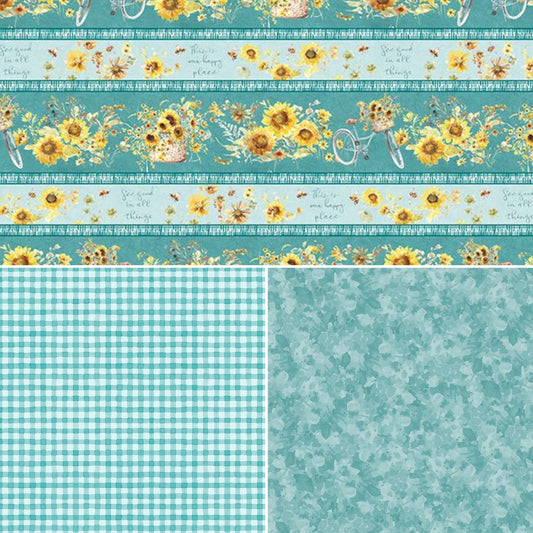 Wilmington Prints Light Teal Gingham, Leaf Texture Teal or Repeating Stripe Fabric by the Yard from Wilmington Prints Sunflower Sweet by Lisa Audit