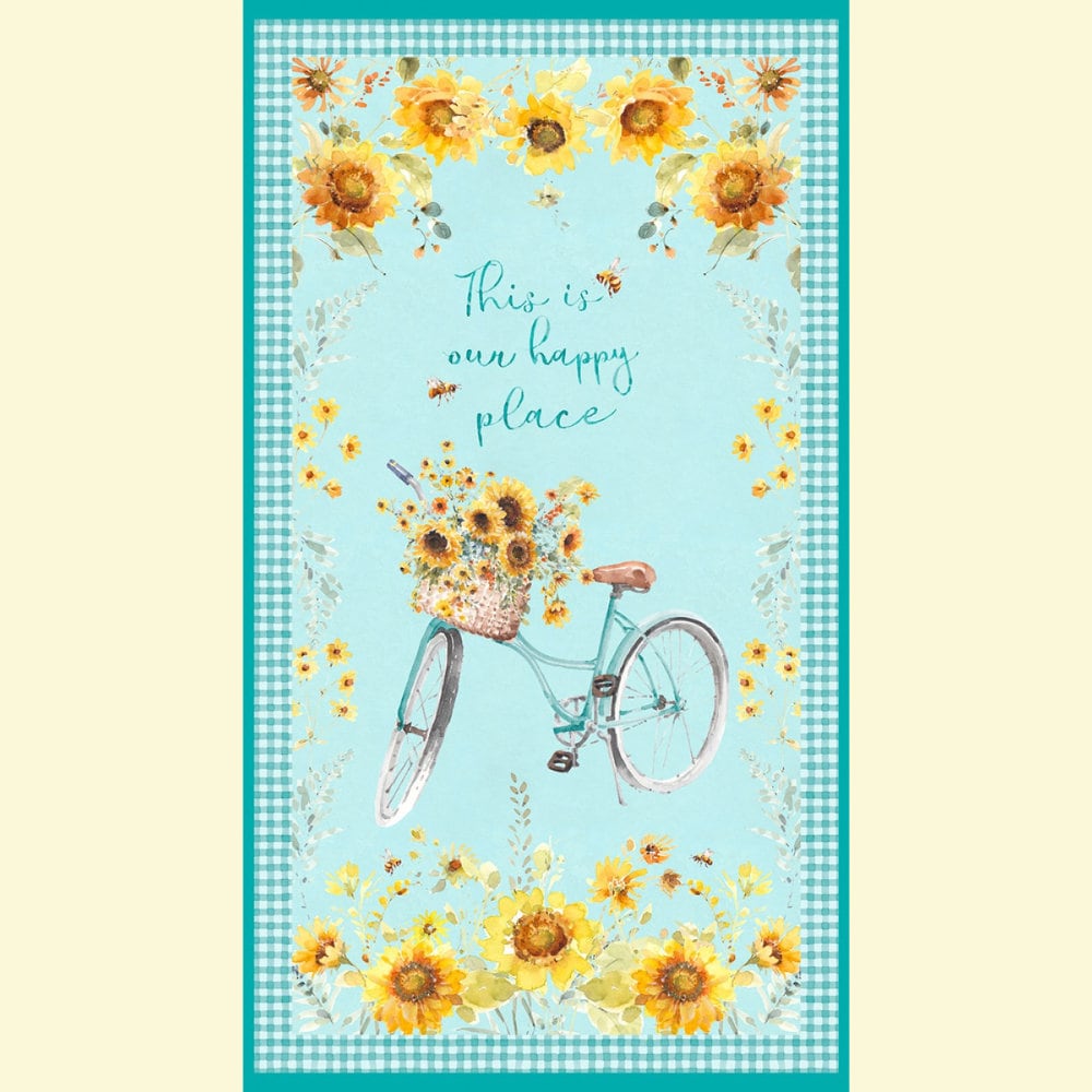 Wilmington Prints Light Teal Gingham, Leaf Texture Teal or Repeating Stripe Fabric by the Yard from Wilmington Prints Sunflower Sweet by Lisa Audit