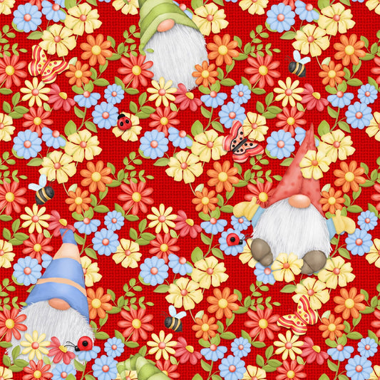 Wilmington Prints Red FQ Gnome is Where Your Garden Grows, Peeking Gnomes on Red by the yard, Garden Gnome Cotton, Henry Glass, Gnome Cotton Fabric by the yard