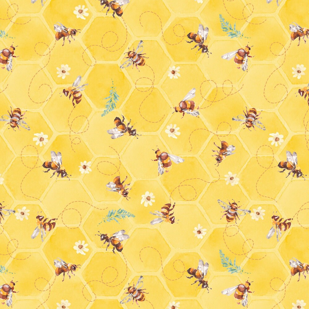 Wilmington Prints Yellow / FQ (18"x21") Bees on Blue Honeycomb or Bees on Yellow Honeycomb Fabric by the Yard from Wilmington Prints Sunflower Sweet by Lisa Audit