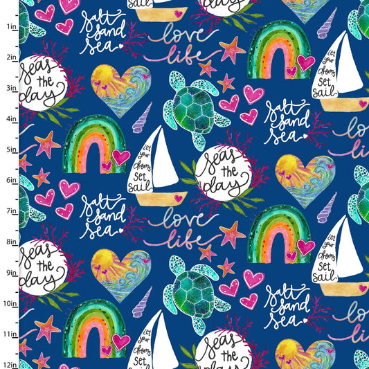 3 Wishes Fabric Seas the Day Words in Navy Fabric by 3 Wishes Cotton Quilting Fabric
