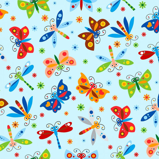 AE Nathan Fabric 1/4 yard (9"x44") Blue Happy Folk Flannel Butterflies & Dragonflies Flannel by AE Nathan