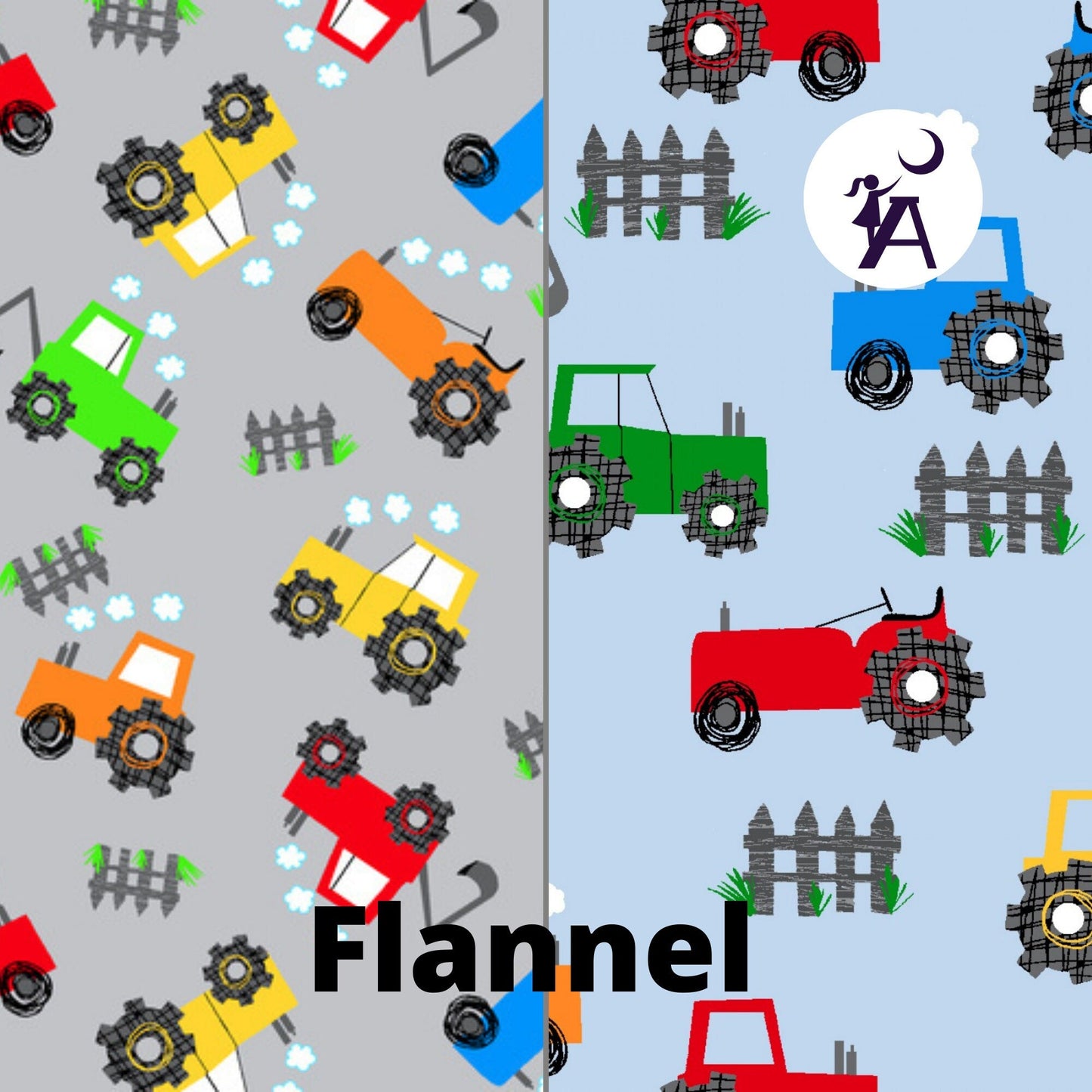 AE Nathan Fabric Tractor Flannel Fabric on blue or gray by AE Nathan Comfy Flannel