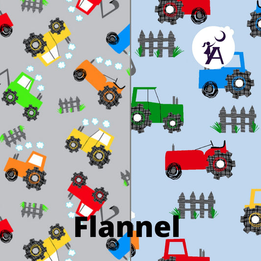 AE Nathan Fabric Tractor Flannel Fabric on blue or gray by AE Nathan Comfy Flannel