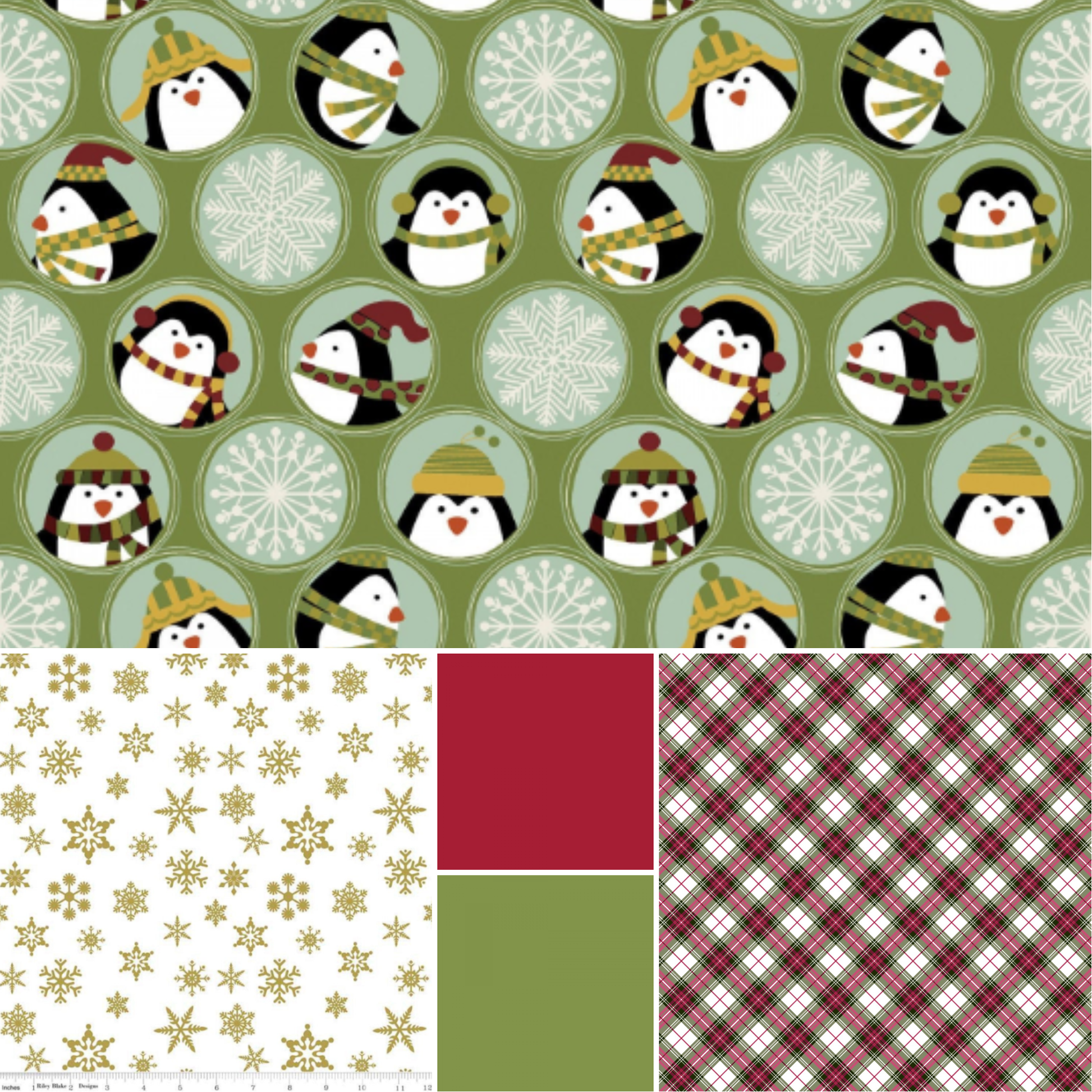 Angels Neverland Fabric FQ BUNDLE-5 fabrics Green Jolly Penguin Fabric Bundle with coordinating fabrics also Sold By The Yard