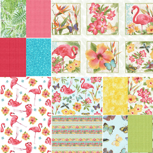Angels Neverland Fabric Pink Paradise Flamingo Fabric Henry Glass FQ Bundle with 10"x10" Block (6) Panel