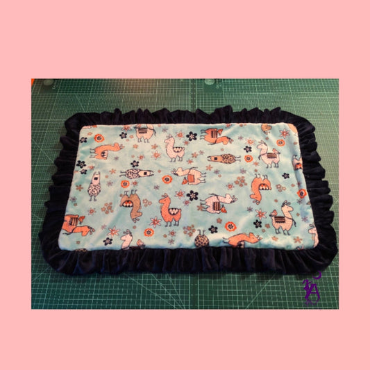 angelsneverland-1538 One of a Kind Llama Lovey Reversible Luxe Coral Rose Cuddle Minky Blanket with Navy Minky Ruffle 33" x 23"