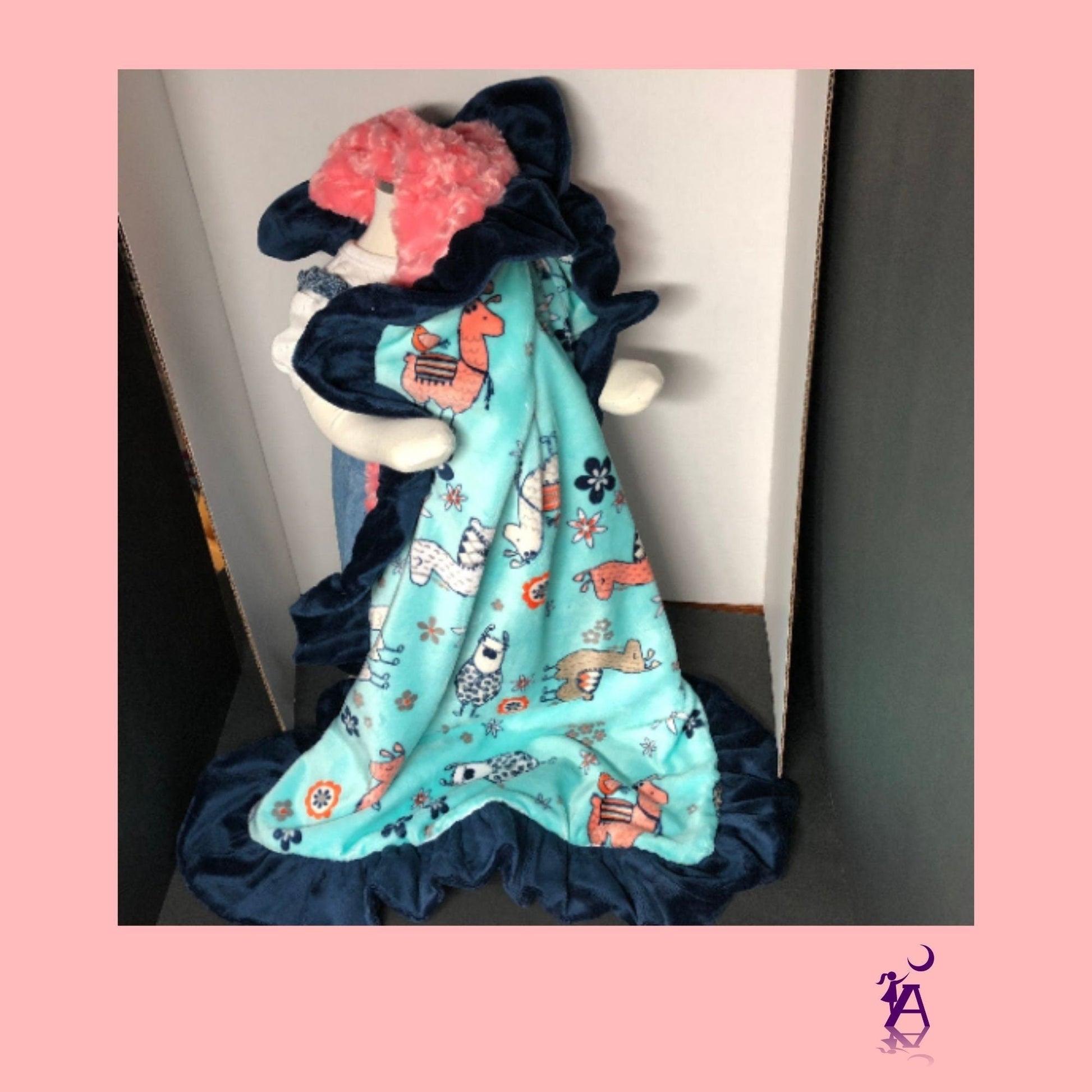 angelsneverland-1538 One of a Kind Llama Lovey Reversible Luxe Coral Rose Cuddle Minky Blanket with Navy Minky Ruffle 33" x 23"