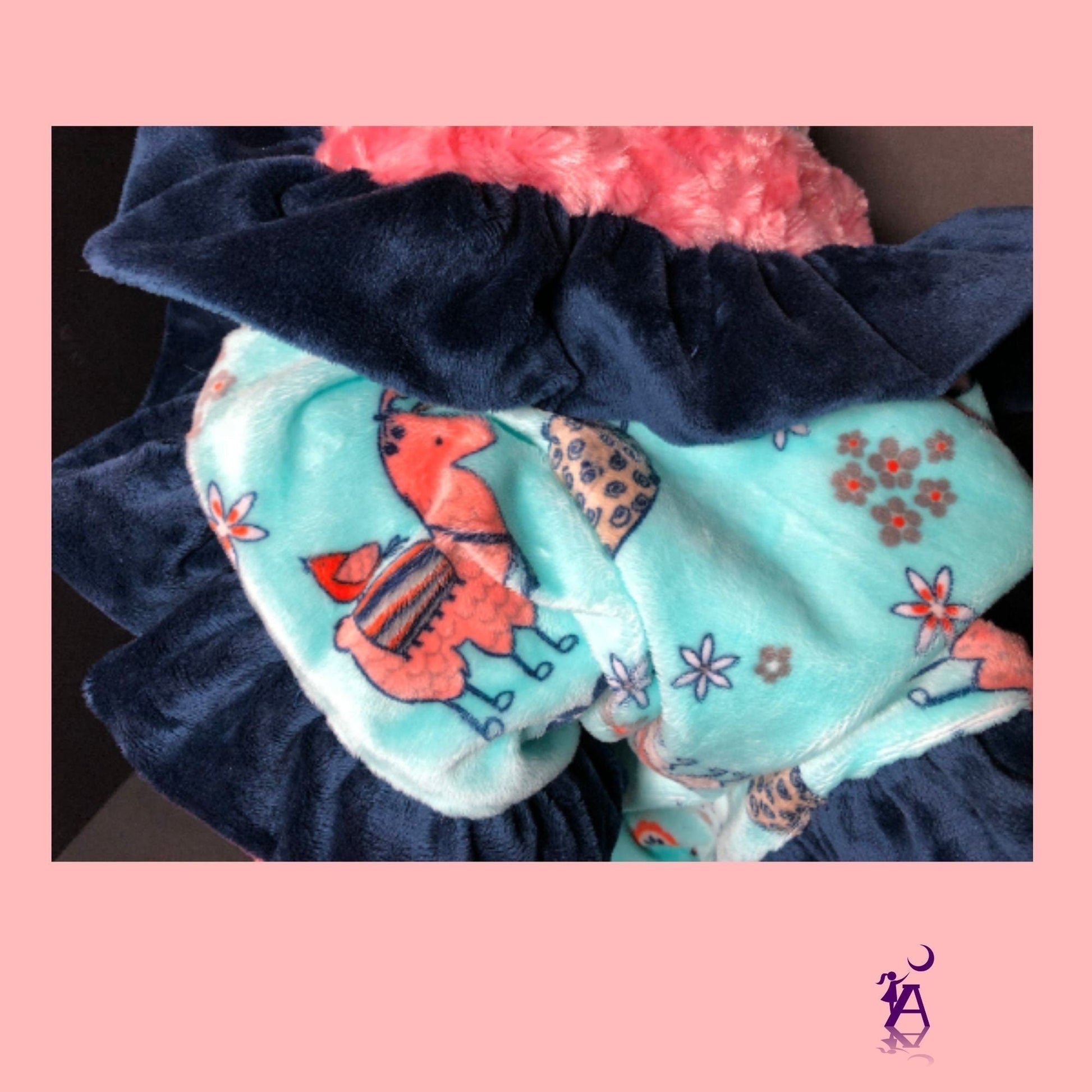 angelsneverland-1538 One of a Kind Llama Lovey Reversible Luxe Coral Rose Cuddle Minky Blanket with Navy Minky Ruffle 33" x 23"