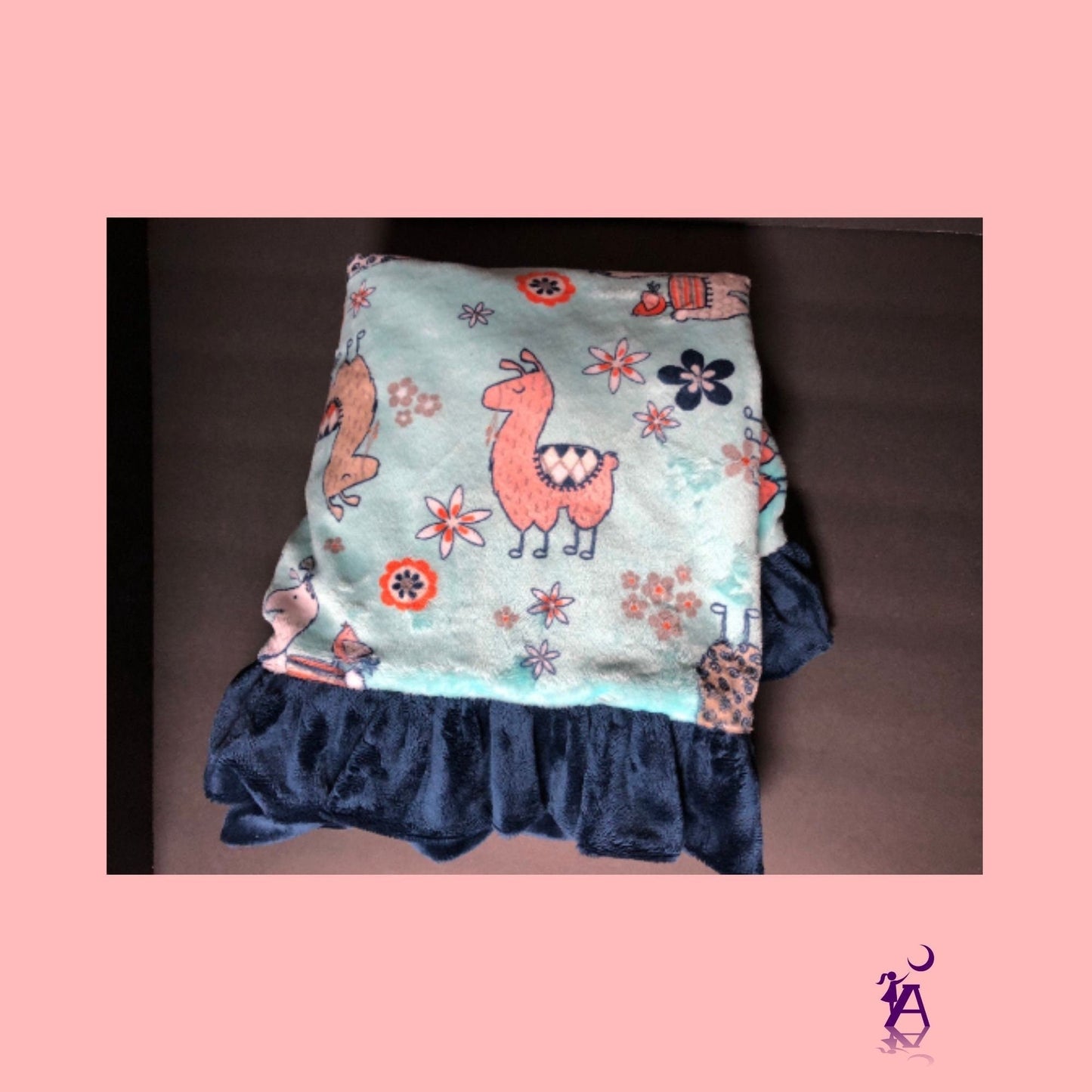 angelsneverland-1538 One of a Kind Llama Lovey Reversible Luxe Coral Rose Cuddle Minky Blanket with Navy Minky Ruffle 33" x 23"
