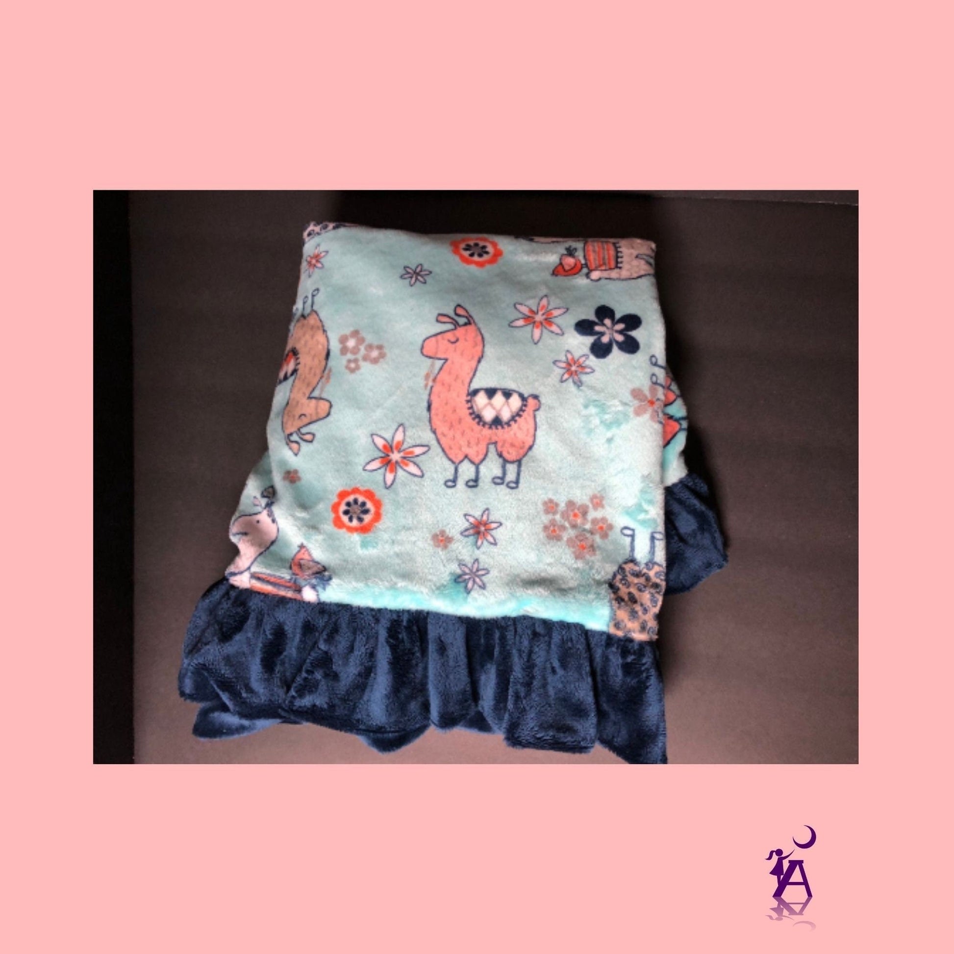angelsneverland-1538 One of a Kind Llama Lovey Reversible Luxe Coral Rose Cuddle Minky Blanket with Navy Minky Ruffle 33" x 23"