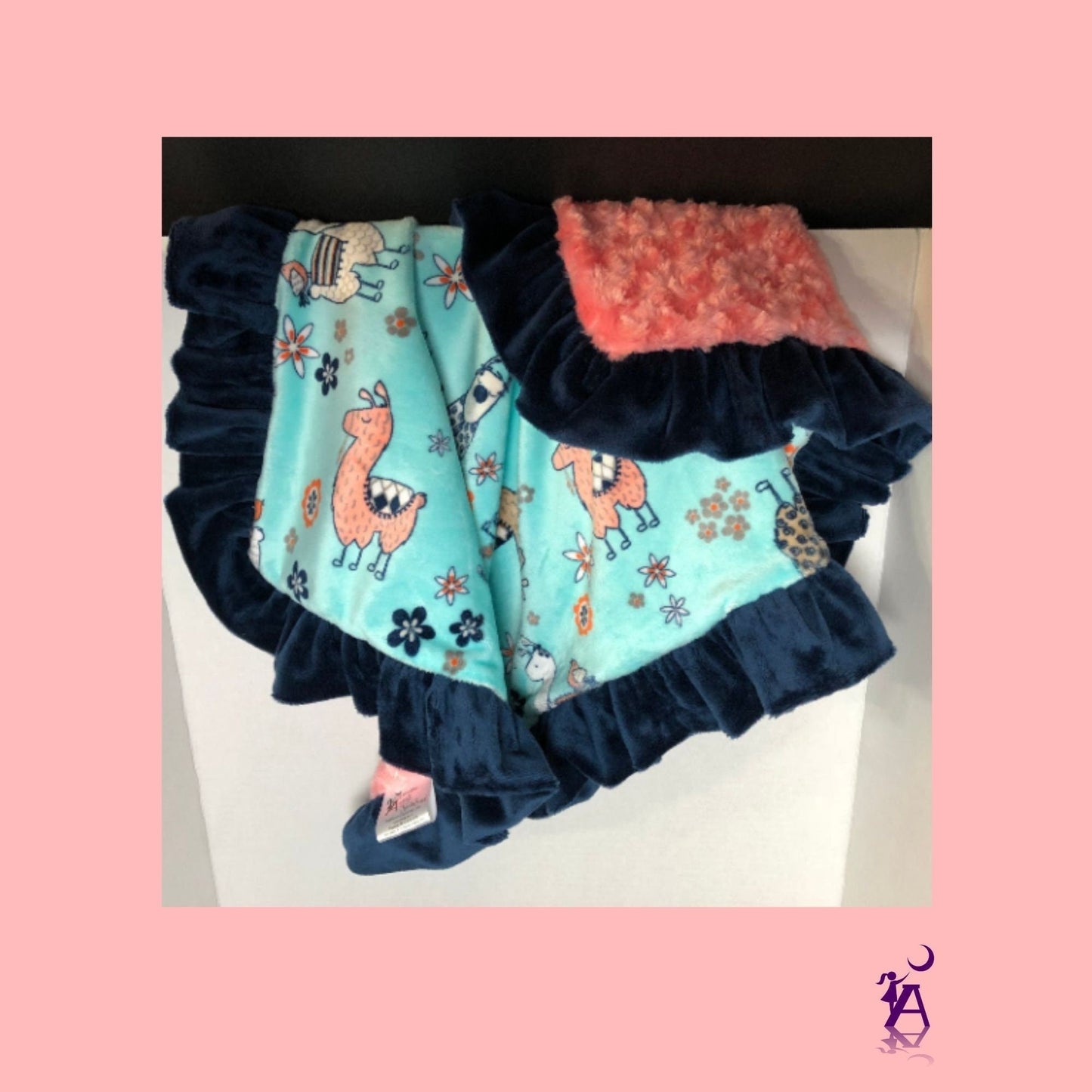 angelsneverland-1538 One of a Kind Llama Lovey Reversible Luxe Coral Rose Cuddle Minky Blanket with Navy Minky Ruffle 33" x 23"