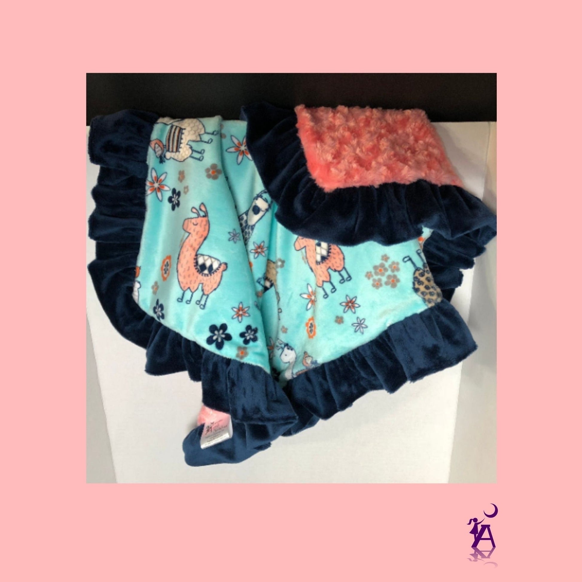 angelsneverland-1538 One of a Kind Llama Lovey Reversible Luxe Coral Rose Cuddle Minky Blanket with Navy Minky Ruffle 33" x 23"