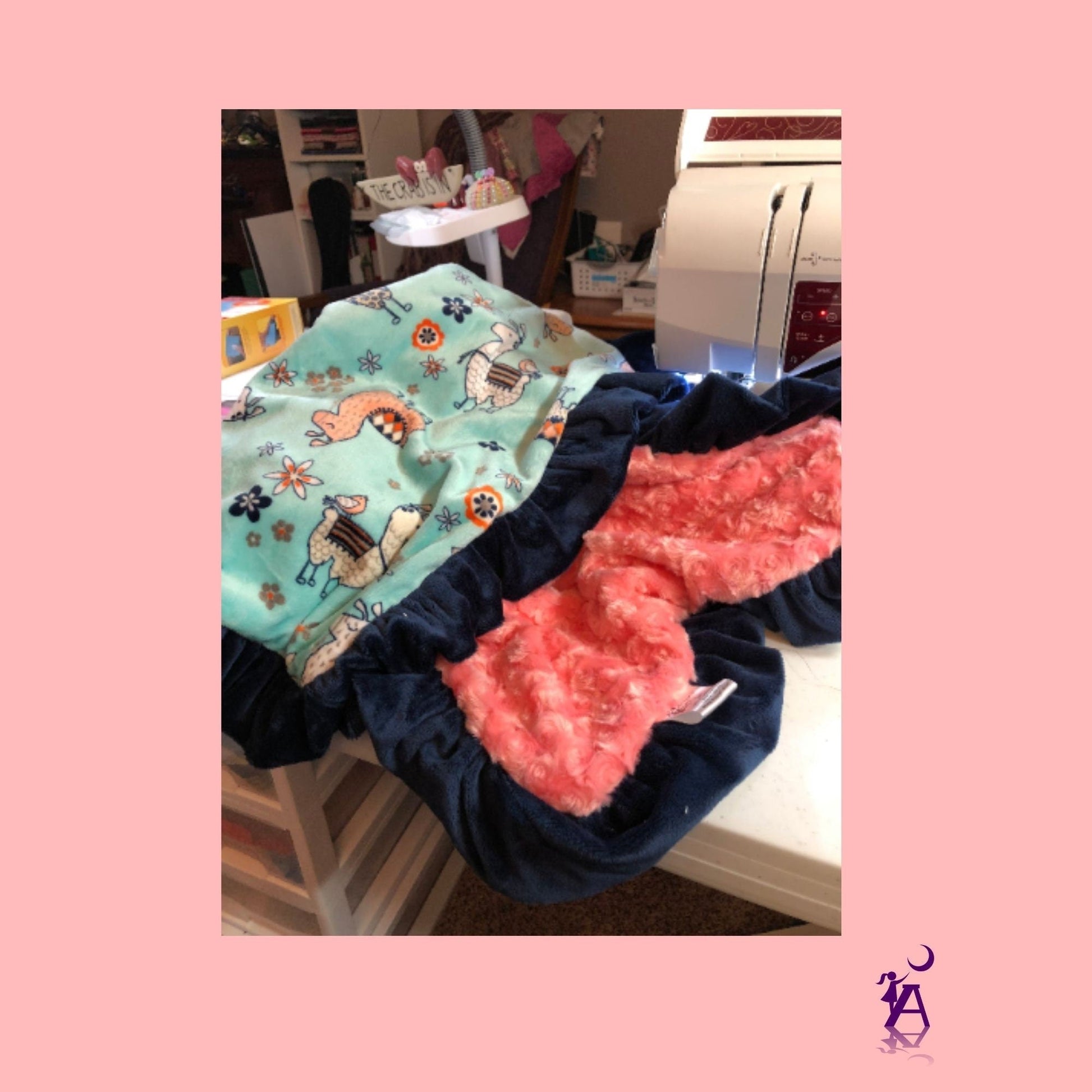 angelsneverland-1538 One of a Kind Llama Lovey Reversible Luxe Coral Rose Cuddle Minky Blanket with Navy Minky Ruffle 33" x 23"