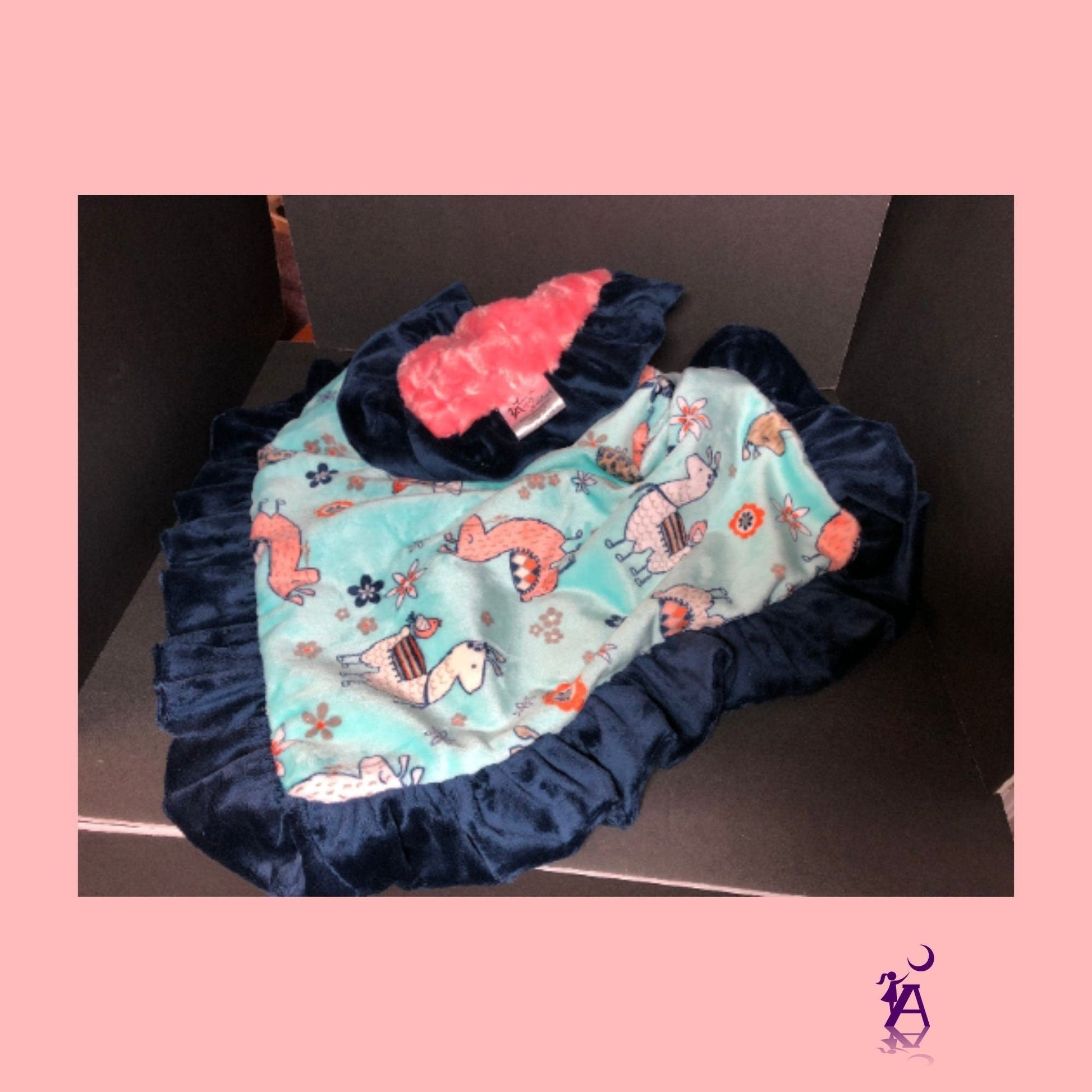 angelsneverland-1538 One of a Kind Llama Lovey Reversible Luxe Coral Rose Cuddle Minky Blanket with Navy Minky Ruffle 33" x 23"