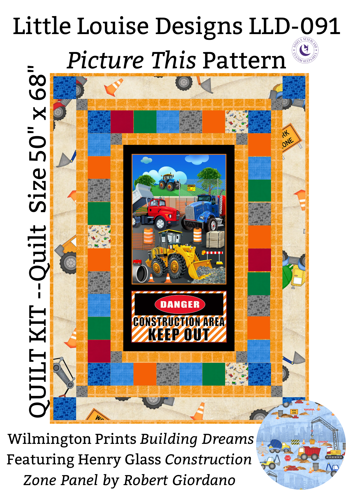 angelsneverland Quilt Kit KIT w/Cotton 4 yd Site Scene Building Dreams by Wilmington Prints & Construction Zone Panel Easy DIY Beginner QUILT KIT Construction Equipment Picture This Pattern
