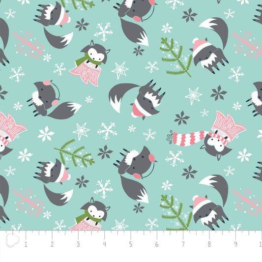Camelot Fabric 1 yard (36"x44") Winter Wonderland Flannel Gray Foxes on Aqua Flannel Fabric