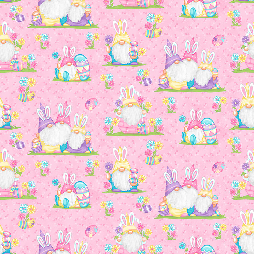 Henry Glass Fabric 1/4 yard (9"x44") Easter Gnomies Scenic Pink Hoppy Easter Gnomies Cotton Fabric