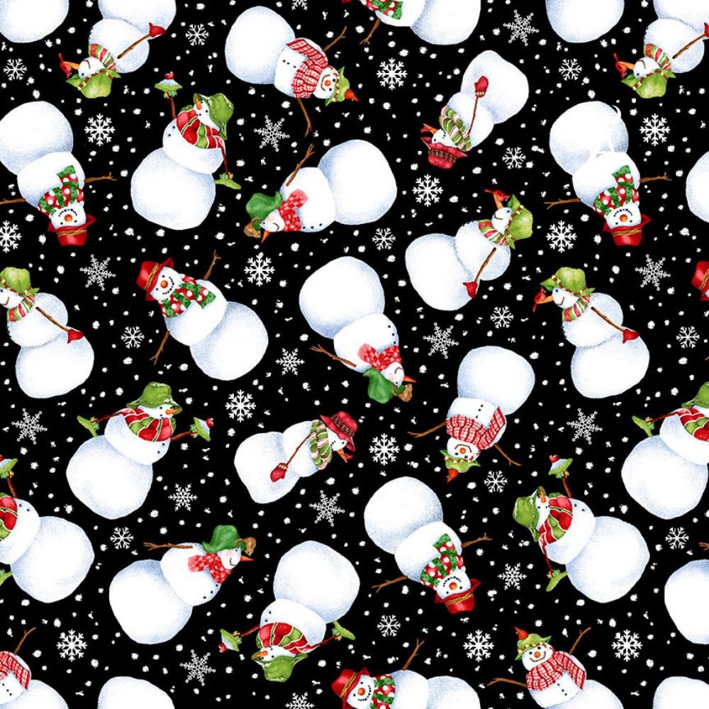 Henry Glass Fabric FLANNEL Snowmen Tossed Black from Henry Glass Snow Bird Collection