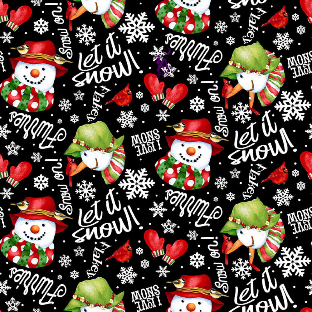 Henry Glass Fabric FLANNEL Snowmen Tossed Black from Henry Glass Snow Bird Collection