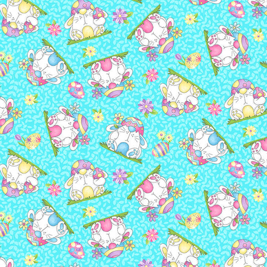 Henry Glass Fabric FQ (18"x21") Bunnies Tossed Blue Hoppy Easter Gnomies Cotton Fabric