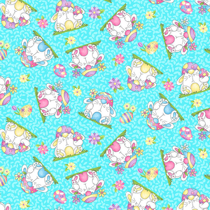 Henry Glass Fabric FQ (18"x21") Bunnies Tossed Blue Hoppy Easter Gnomies Cotton Fabric