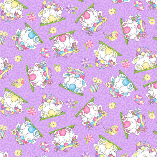 Henry Glass Fabric FQ (18"x21") Bunnies Tossed Lavender Hoppy Easter Gnomies Cotton Fabric