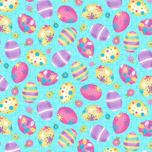 Henry Glass Fabric FQ (18"x21") Easter Egg Toss Blue Hoppy Easter Gnomies Cotton Fabric
