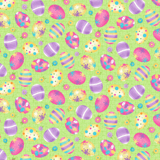 Henry Glass Fabric FQ (18"x21") Easter Egg Toss Green Hoppy Easter Gnomies Cotton Fabric