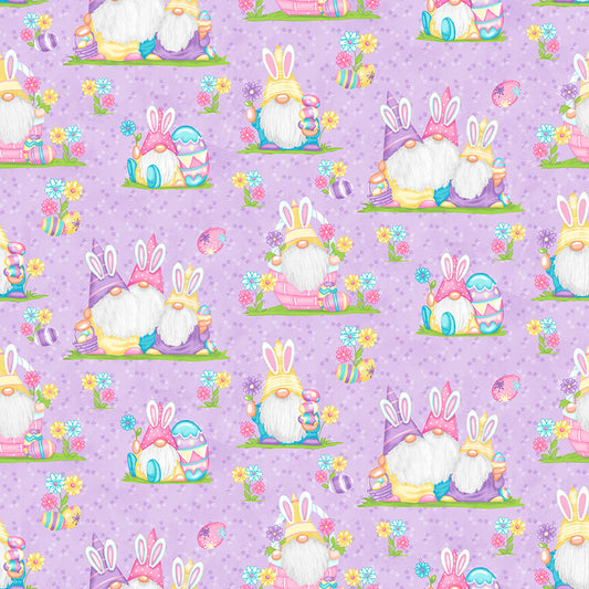 Henry Glass Fabric FQ (18"x21") Easter Gnomies Scenic Lavender Hoppy Easter Gnomies Cotton Fabric