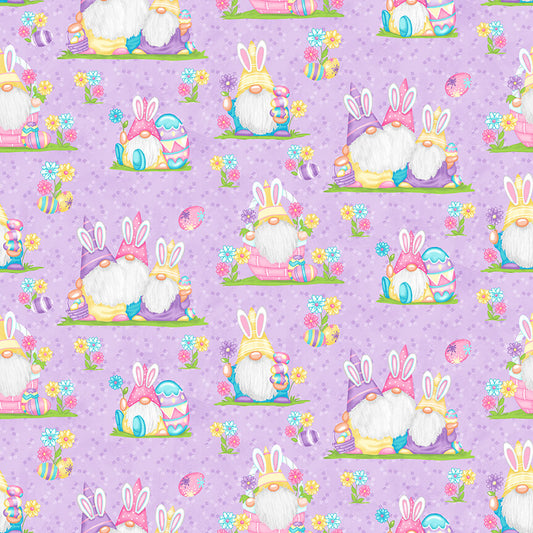 Henry Glass Fabric FQ (18"x21") Easter Gnomies Scenic Lavender Hoppy Easter Gnomies Cotton Fabric