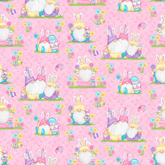 Henry Glass Fabric FQ (18"x21") Easter Gnomies Scenic Pink Hoppy Easter Gnomies Cotton Fabric