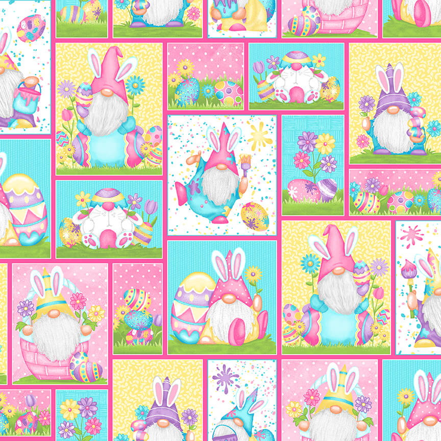 Henry Glass Fabric FQ (18"x21") Easter Patchwork Hoppy Easter Gnomies Cotton Fabric