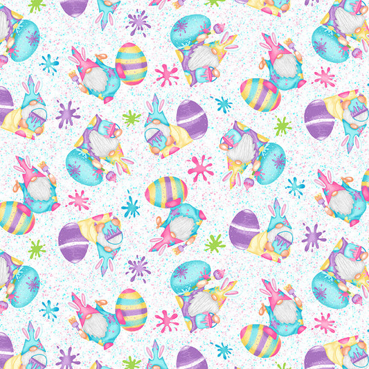 Henry Glass Fabric FQ (18"x21") Paint Splatter Gnomies and Eggs Hoppy Easter Gnomies Cotton Fabric