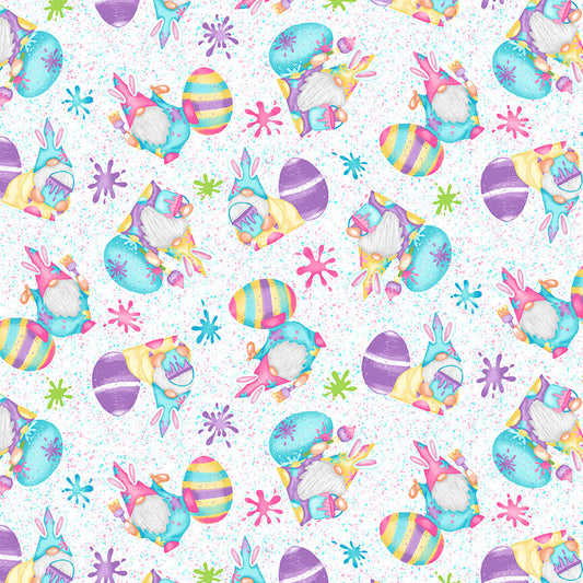 Henry Glass Fabric FQ (18"x21") Paint Splatter Gnomies and Eggs Hoppy Easter Gnomies Cotton Fabric