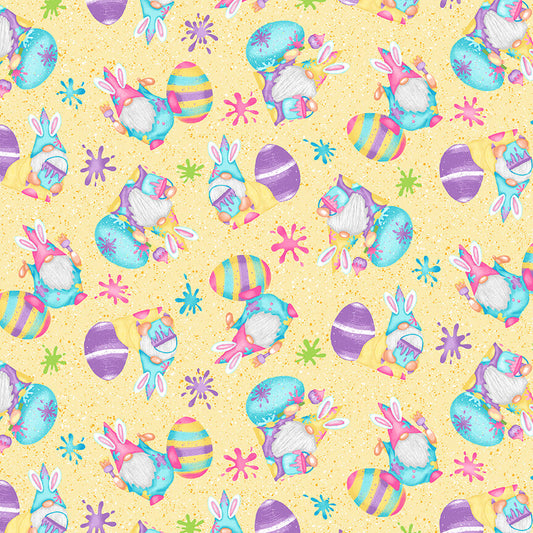 Henry Glass Fabric FQ (18"x21") Paint Splatter Gnomies & Eggs Hoppy Easter Gnomies Cotton Fabric