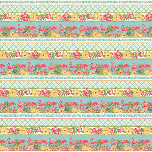 Henry Glass Fabric FQ (18"x21") Pink Paradise Border Stripe Flamingo Fabric by Henry Glass