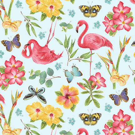 Henry Glass Fabric FQ (18"x21") Pink Paradise Flamingo Tossed Flamingoes & Flowers by Henry Glass